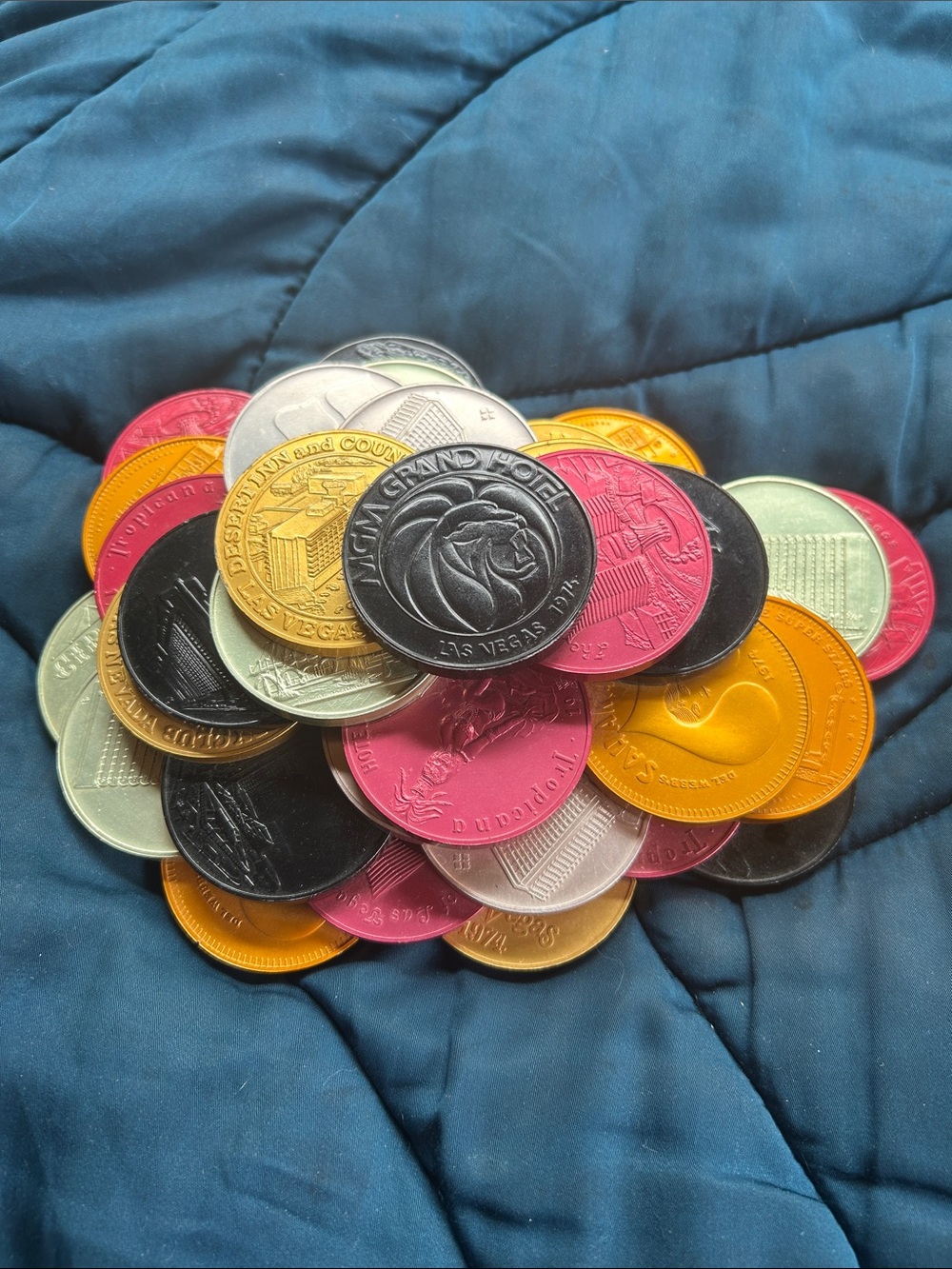 MGM 1974 Las Vegas Assorted metal chips mounted together into art piece